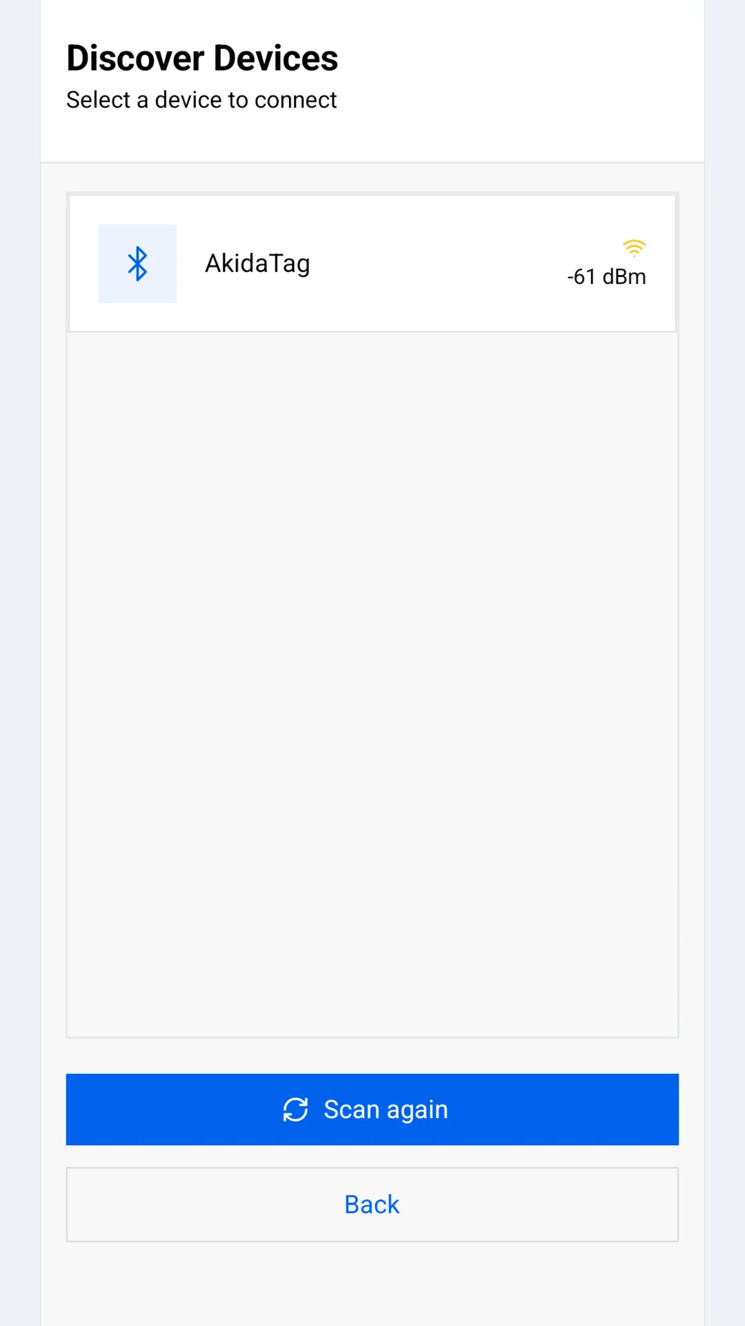The device list of a debug build, listing one AkidaTag