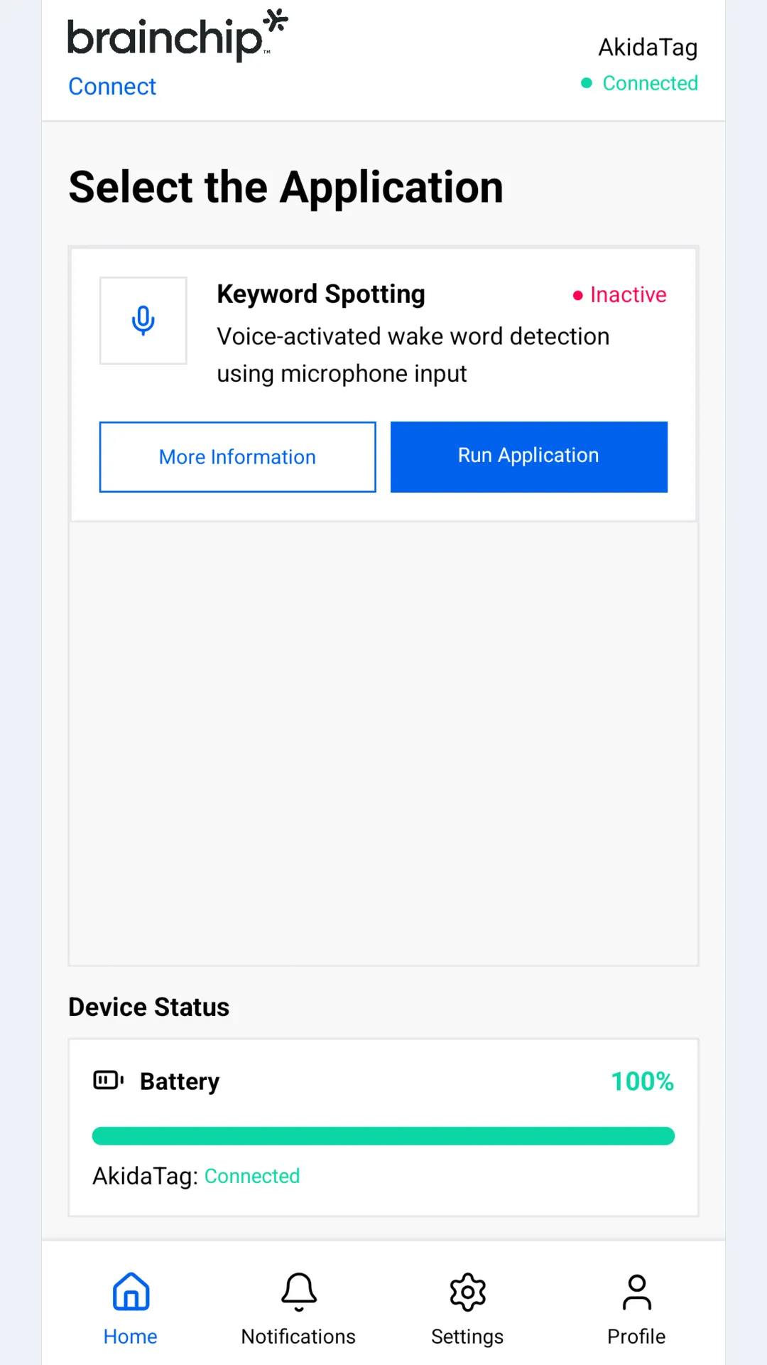 Select the Application, with the Keyword Spotting card