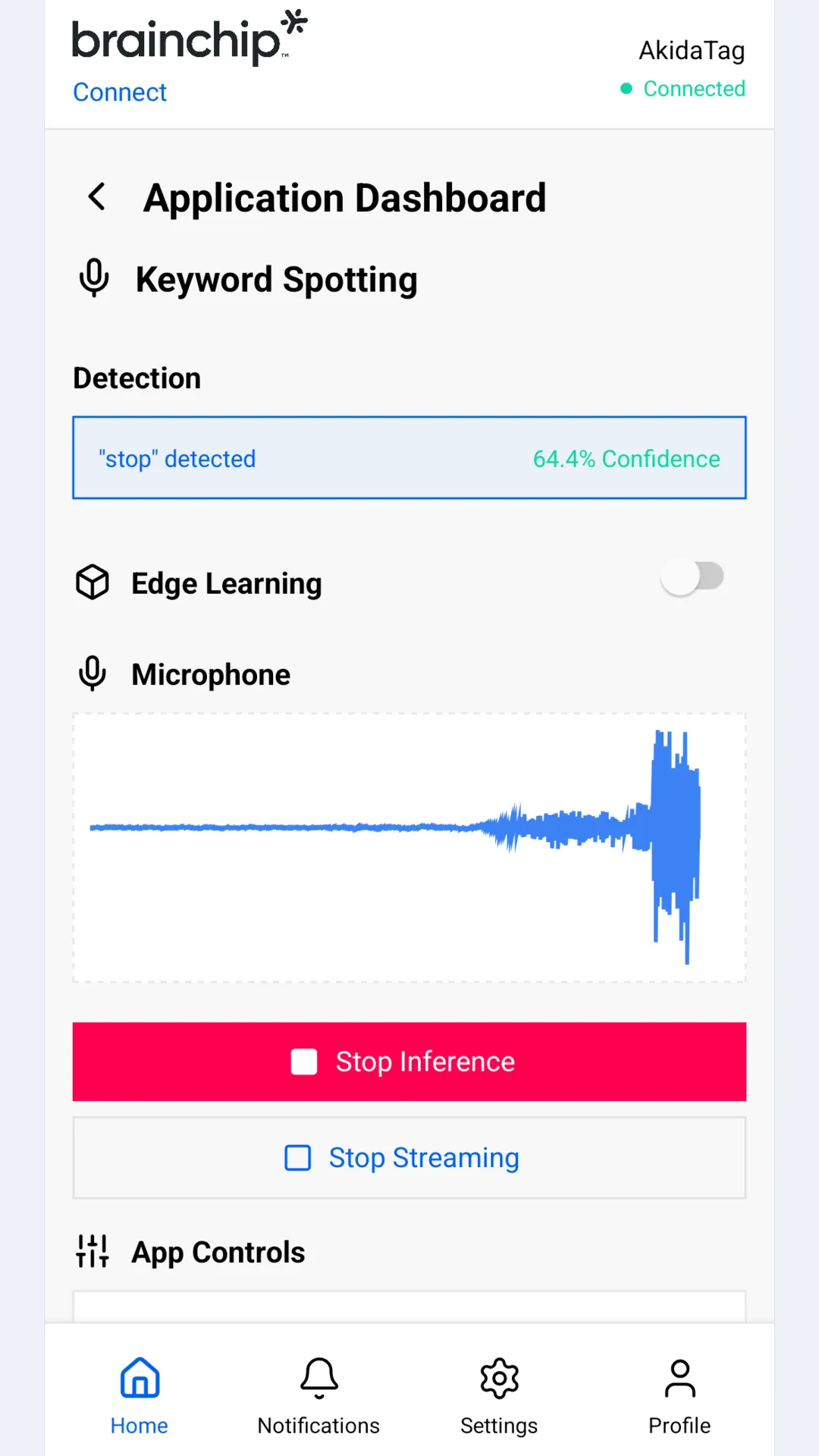 The Keyword Spotting dashboard after a detection